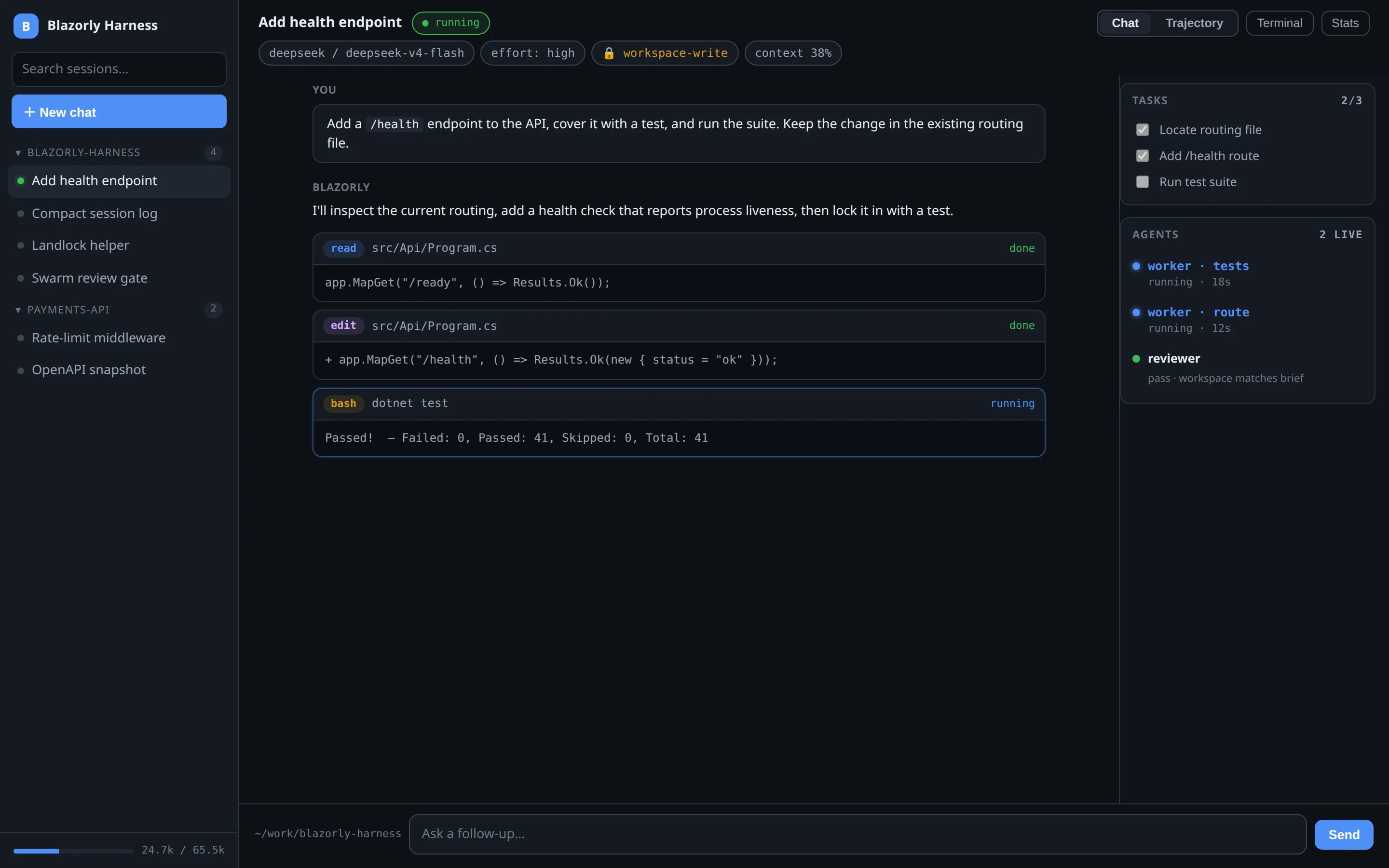 Blazorly agents panel with two live workers and a reviewer that passed, next to a task list for adding a health endpoint.