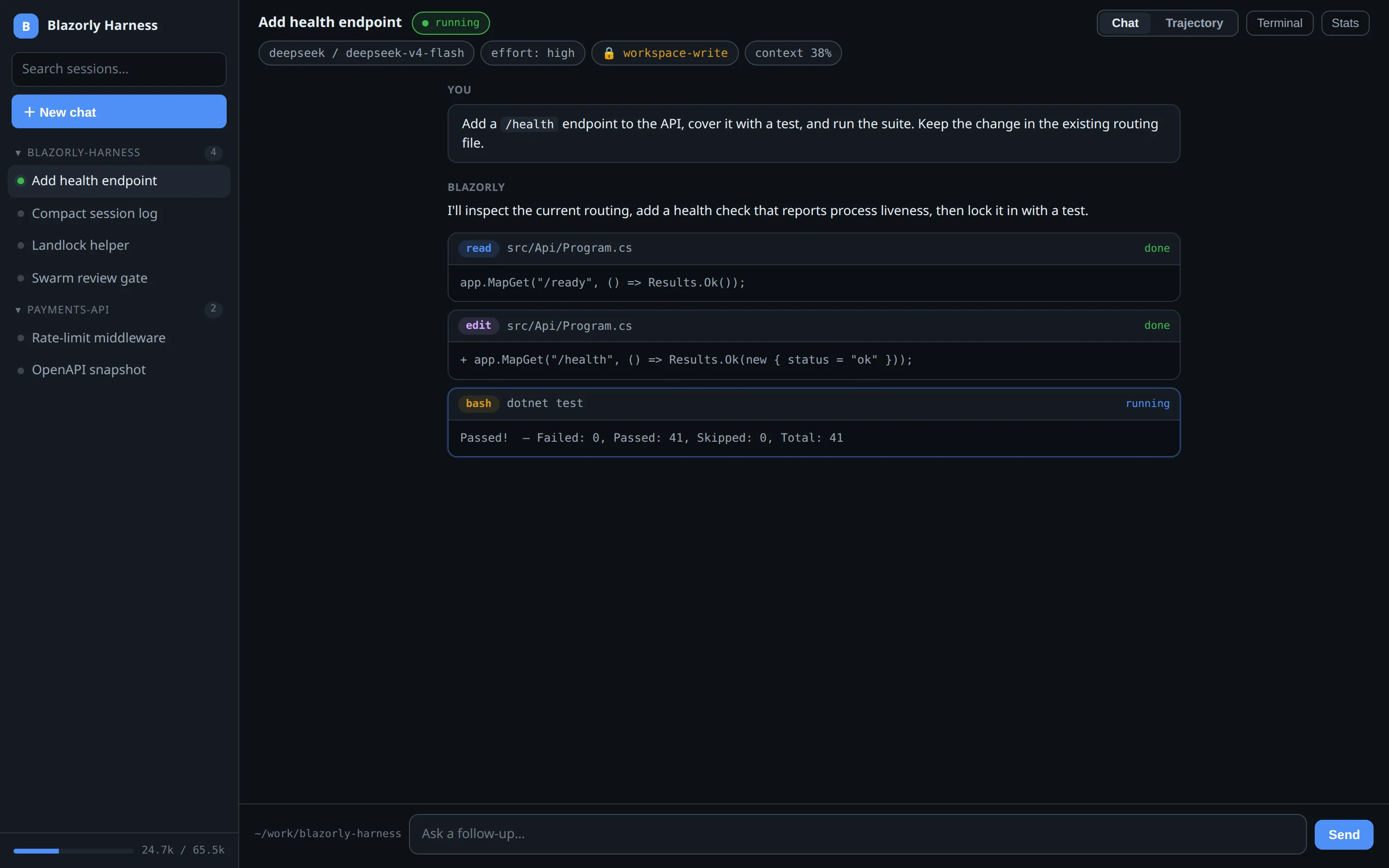 Blazorly chat UI showing a running session with live tool cards for read, edit, and bash, plus a workspace-write permission chip.