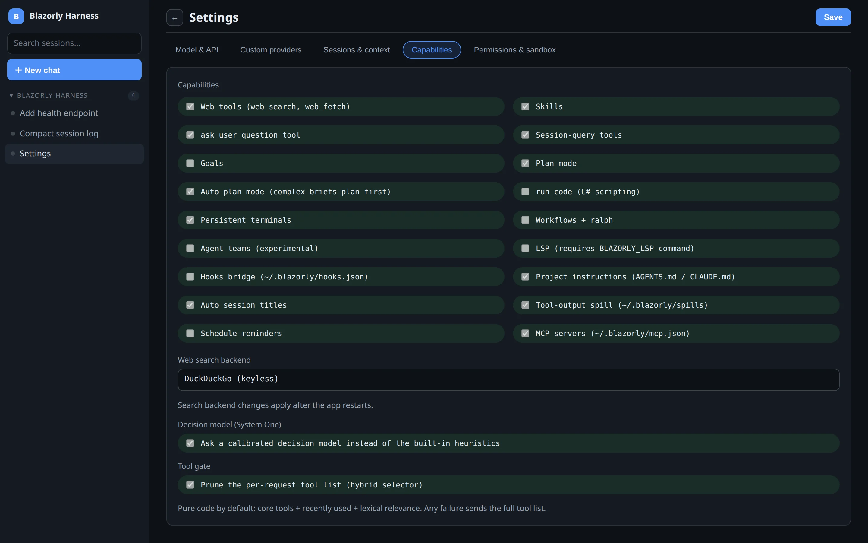 Settings, Capabilities tab with web tools, plan mode, terminals, MCP, and System One enabled.