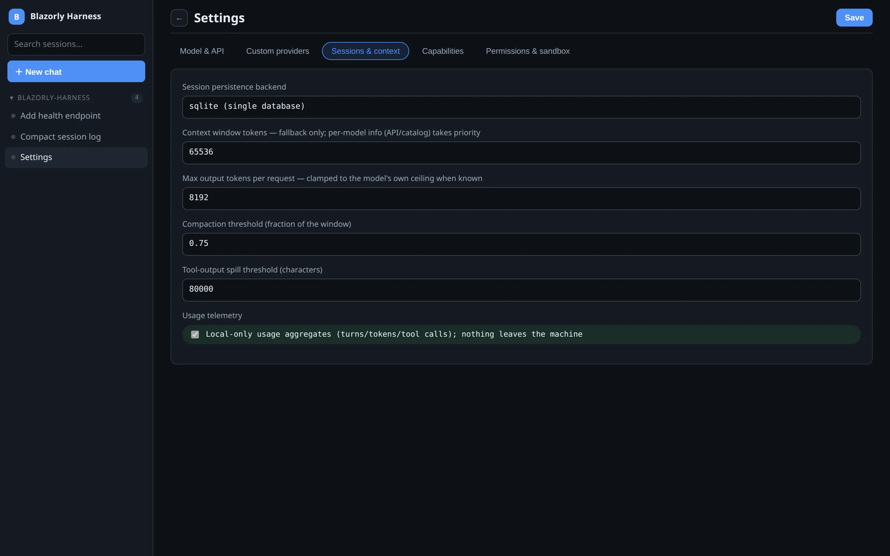Blazorly Settings Sessions and context tab with sqlite persistence, 65536 context tokens, and local telemetry enabled.
