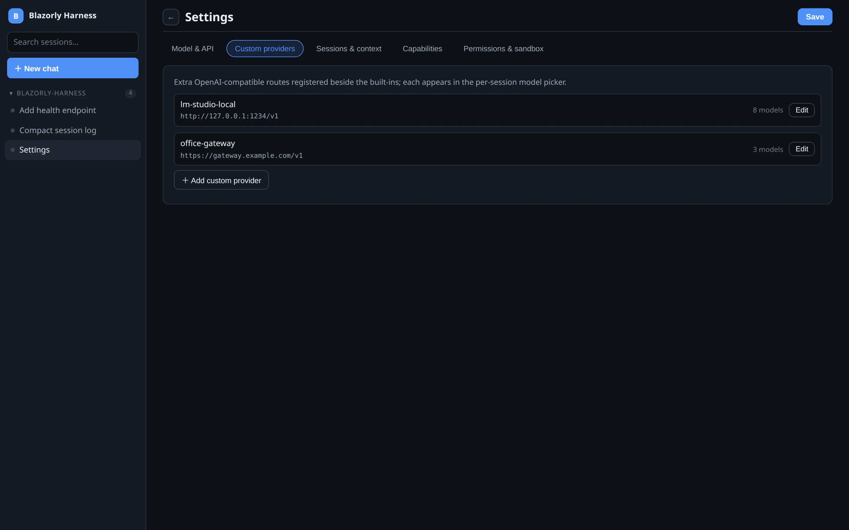 Blazorly Settings Custom providers tab listing a local LM Studio route and an office OpenAI-compatible gateway.