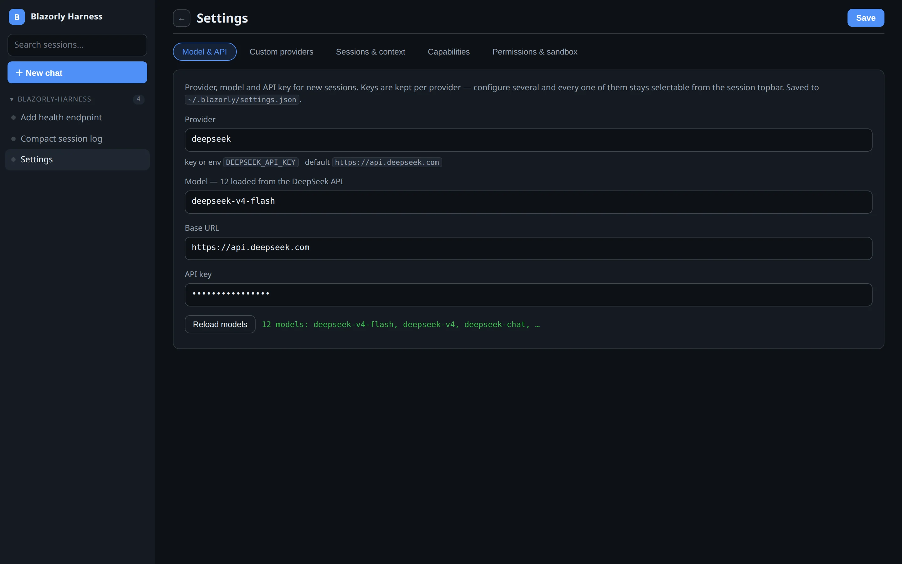Settings, Model and API tab: DeepSeek provider, models loaded from the API, masked key.