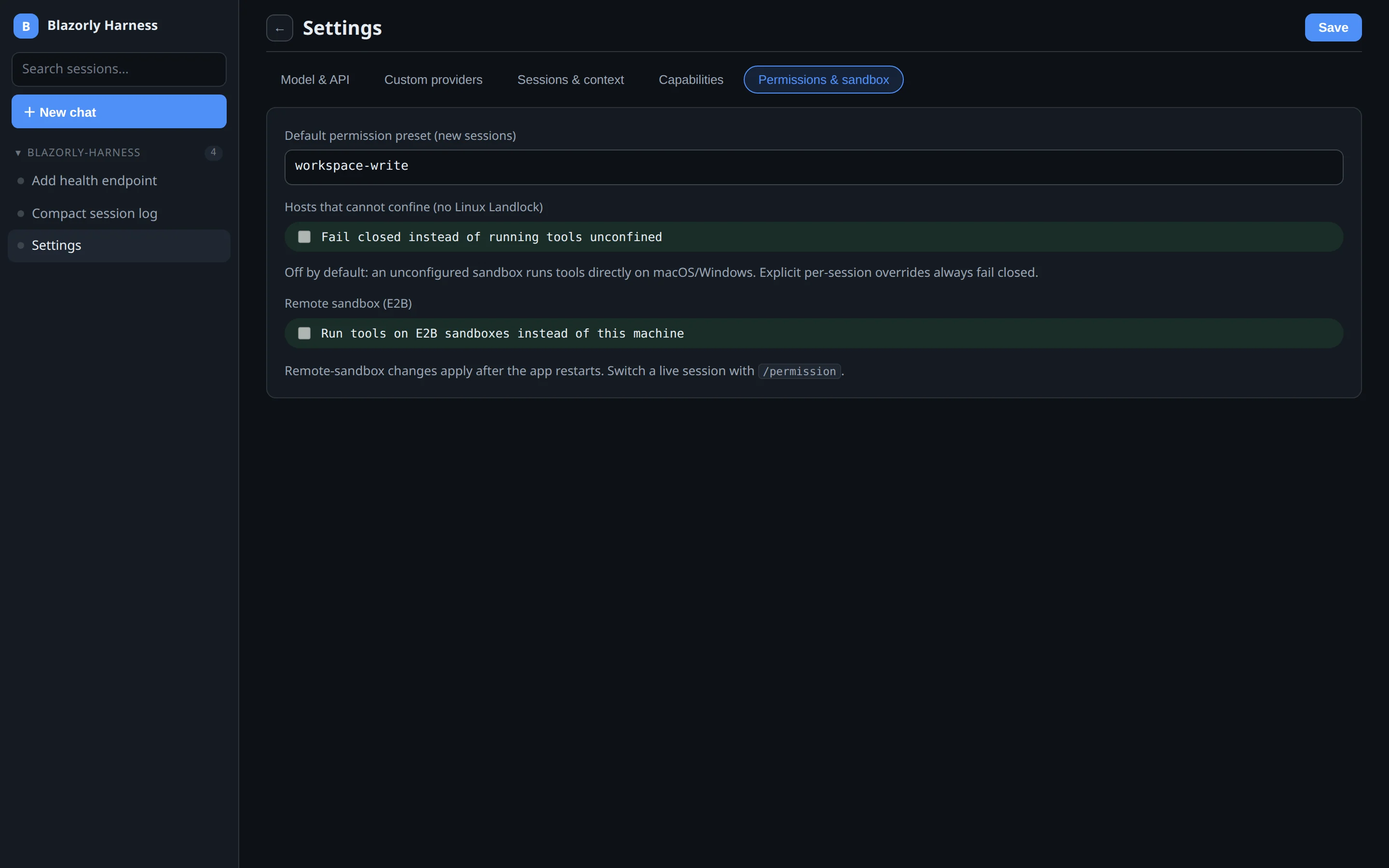 Permissions and sandbox tab with workspace-write selected.