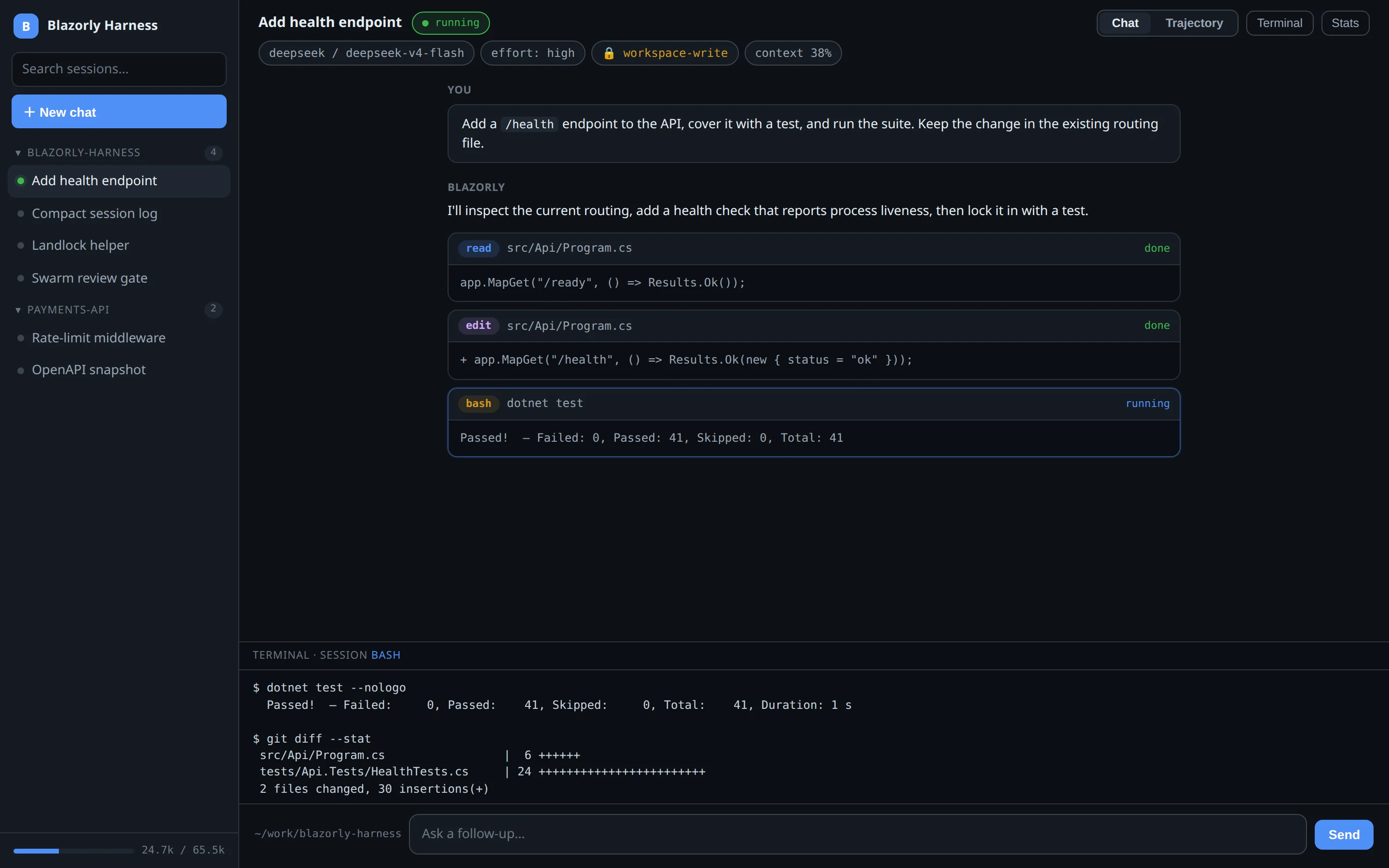Blazorly session with the terminal drawer open, showing dotnet test passing and a git diff stat.
